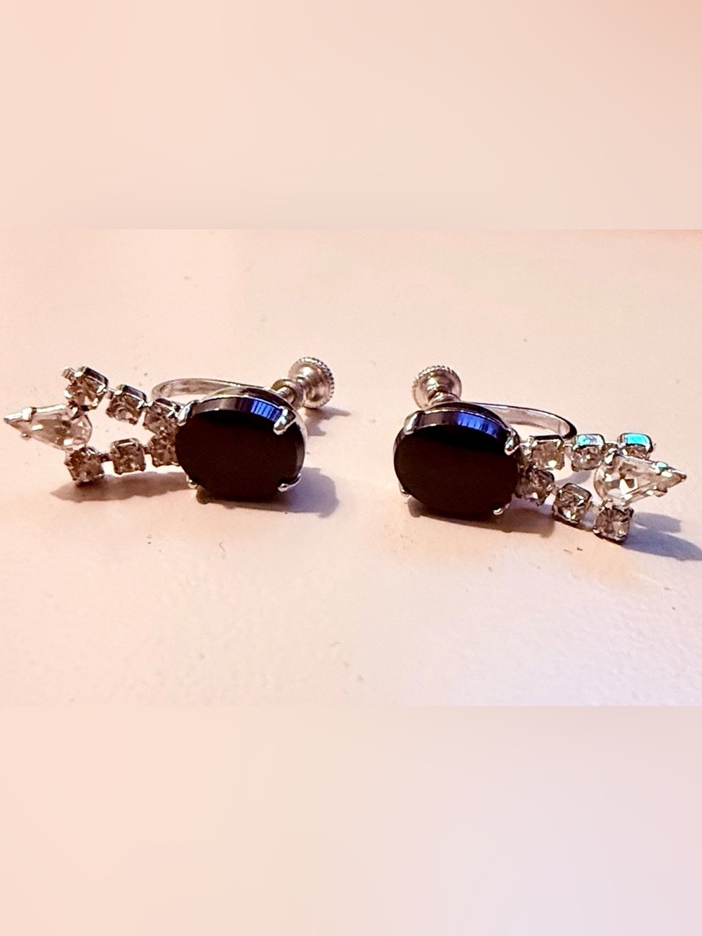 Vintage Mid Century Black Cabochon & Clear Rhinestone Screw Back Dangle Earrings